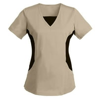Hoksml дамски работни върхове, жени с къси ръкави с V-образно деколте работят равномерни твърди пачуърк цвят джоб блуза