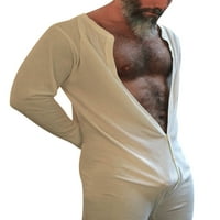 Мъжки небрежни един дълъг пижама бутон надолу шезлонг солиден топлинен съюз костюм секси празнично домашно спално облекло