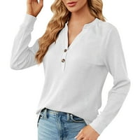 Блуза на Fabiurt за жени жени свободни плетени ризи модни пуловер върхове дълъг ръкав v бутон за врата надолу ежедневно наклонено свободно върхово, бяло