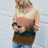 Зедкер върхове за жени ежедневни Есен, зимни пуловери жени мода в-врата хлабав цвят контраст удобни дълги ръкави Пуловер върхове