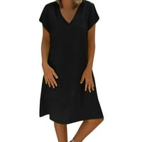 Летни рокли Levmjia за жени плюс размер модни жени разхлабени V-образни летни солидни памук с къс ръкав и бельо черно