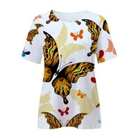 Просвещение ежедневни тениски за жени, върхове с къс ръкав лятната кръгла шия модна пеперуда отпечатана тънка форма на пуловер бял m