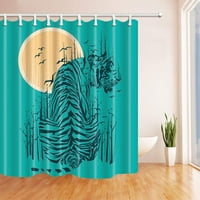 Ръчно рисувани животни декор тигър с птици под луната в синя полиестерна тъкан за баня за баня завеса за душ