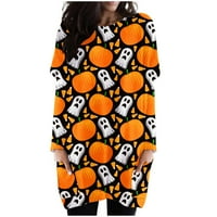 Тинг Мода Дамски Хелоуин горнища графичен печат дълъг ръкав кръг врата Джоб Тениски блуза пуловер Топ-ххл