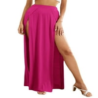 Жените еластична висока талия пола, Плътен цвят страна високо Сплит хлабав годни пот абсорбция дълго Плажно облекло пола