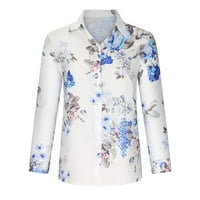 Женски бутон надолу флорална риза с дълъг ръкав с яка на ревера блуза облечена ежедневна пролетна есенно облекло синьо xl