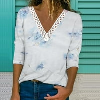 Ризи за дълъг ръкав за жени, женски асуална отпечатана дантела с дантела с тениска с дълги ръкави с дълъг ръкав