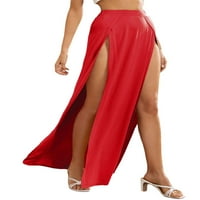 Еластична пола с висока талия на жените, солиден цвят странично разцепване на свободна потна потна пола с дълги плажни дрехи пола