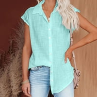 Женски модни ризи солидни цветови върхове с къси ръкави тениски удобен бутон надолу блузи памучни бельо дрехи за момичета тениска с яка тениска синя s