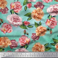 Soimoi зелен памук Poplin Poplin Leaves & Rose Flower Decor Fabric Printed Bty Wide