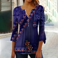Дамски ръкави върхове ежедневни облечени летни флорални шаблони за печат флод v врата Графична туника тениска хлабав поток Comfy Tees блуза лилаво xl