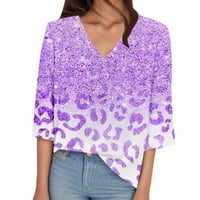 Ежедневни отпечатани женски ризи за V Neck Loge Fit леопардов модел цветен блок ръкав с къс ръкав върхове тениски тениски с голям размер лилав сизел