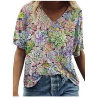 Дамски тениски на тениски с шия летни върхове Небрежни модерни къси ръкави флорална риза Сладка свободна форма удобни облечени блузи тениска