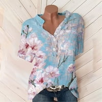 zhizaihu дамски ежедневни готини ризи с къс ръкав мода флорален печат v шия блуза върхове с джобно небе синьо xxl