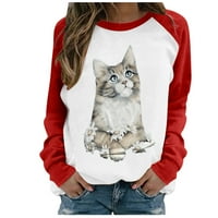 Женски котки печат ризи с дълъг ръкав модерен екипаж на шията ежедневна блуза комфорт сладък пуловер суичъри