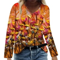 Umfun жени модна пеперуда флорален печат тънка v-образно разхлабена риза блуза туника с дълъг ръкав върхове