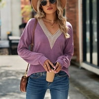 Smihono Clearance дамски ежедневни ризи с дълъг ръкав твърда дантела V-образно пуловер върхове дамски ежедневни пачуърки блуза бежово l лилаво 6