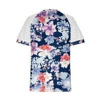 Sksloeg женска блуза плюс размер мрежест реколта цветна щампа върхове бутер къси ръкави ризи облечени пачуърки блузи ежедневни тройници, сини s