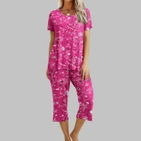 Пижама за жени, поставени с къс ръкав Капри пижами дами меки удобни летни спални дрехи с джобове панталони, костюм горещо розово l