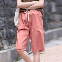 Дамски летни Плътен цвят Къси панталони модерен случайни Шнур еластична висока талия прав широк крак Къси панталони с Двойни панталони розов ххл