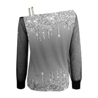 Тениски за жени Модни печат Студено рамо тениска Мреза сплайс блуза върхове есента на зимата женски дрехи