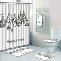 Коледни схематични ръчно изтеглени класически орнаменти, окачени от струни празник текст баня комплект за душ завеса за баня за баня за баня за килим контур мат и тоалетна капак