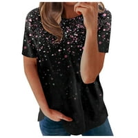 Плюс размери върхове за женски ръкави тениски boho флорален щампа елегантни елементи v шия блуза свободно прилягане на ежедневни пуловер, черен s-xxxl