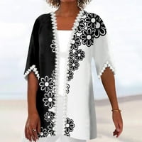 Женски жилетка за връхни дрехи от печат с половин дължина празничен ваканционен дантелен връх, черен 3XL