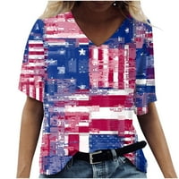 Женски моден ежедневен свободен ден на независимостта отпечатан с къс ръкав v тениска на тениска отгоре S-5XL