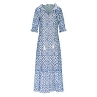 Зкозпток Дамски ежедневни рокли в-деколте три-четвърти ръкав печатна дълга рокля, синьо, КСКСЛ
