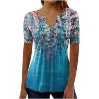Сияйни дамски блузи летни дамски модни ежедневни принтове Около врата хлабав къс ръкав тениска топ блуза пуловер