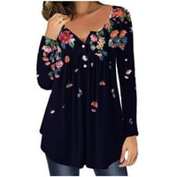 Бутон Up Henley Плисиен есенни суичър пролетни дрехи за жени флорални отпечатани ризи с дълъг ръкав Мода мода плюс размери върхове многоцветни l
