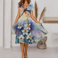 Дамски рокли пролет и лято мода в-шия с къс ръкав отпечатани хлабав подгъв рокля Многоцветен ХХСЛ