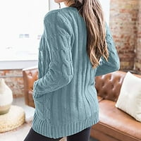 Кардигански пуловери за жени, женски кабел с дълъг ръкав плетен жилетка Отворени предни твърди изходи с джобове с джобове