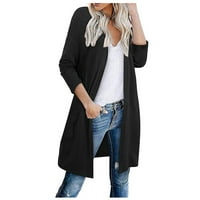 Жилетка за жени дамски твърд цвят дълъг ръкав отворен преден кардиган блуза с леко тегло палто с плот отгоре черно m