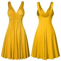 Жълти рокли за жени Плътен цвят ръкав Удобни празнична рокля в-врата тънък годни реколта Ваканция случайни слънце рокля миди ретро ежедневно а-линия жилетка Слинг