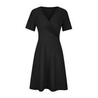 Летни рокли за жени мода в-врата къс ръкав твърди годни и пристъп рокли мини Плюс размер Дамски рокли Черно л