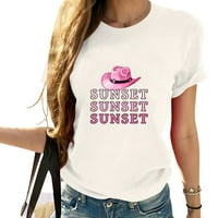 Sunset Cowgirl Hat Pink Lover Lover Fashionble Women's Short Deanek Тениска с графичен печат - летни върхове за жени, сладки и удобни тийнейджъри за ежедневно облекло