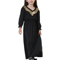 Пенкий мюсюлмански дълга рокля средни големи момичета Дълъг ръкав в врата цвят блок рокля рокли за малко дете момичета 16-годишна Черна лятна сделка