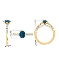 Жени 1. КТ овална форма Лондон син топаз пасианс пръстен с моасанит странични камъни, Стерлингово Сребро, САЩ 9.50