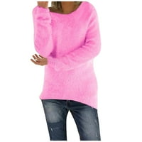 Daqian дамски върхове клирънс жени мода o-neck свободен плюшен плътен плътно цвят дълги ръкави пуловерни тениски върхове дамски ризи с дълъг ръкав разчистен горещ розов 6
