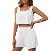 Облекло на Summert за жени памучно бельо комплект солидни без ръкави квадратни върхове за резервоар за изгладена еластична талия джобове джобове