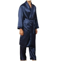 Мъжки пижама Комплект удобни шезлонги комплекти с дълъг ръкав дантела нагоре домашен джоб дълъг пижама халат къси сини l
