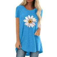 Риза за кръгла шия за момичета маргаритка графична печат блуза мека ежедневна свободна за гамаши дамски дрехи женски модни уютни върхове летни ризи с къс ръкав за жени синьо l