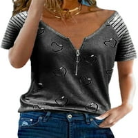 Niuer Лятна тениска за жени с къс ръкав Основен V Врат риза с цип свободен небрежен тройник върхове