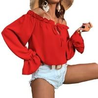 Дамска блуза върши от рамото фрил облицовка възел отпред ръкав ръкав блуза червено l