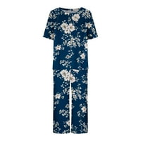 Charella женски спални дрехи capri pajama задава къс ръкав с две части PJS Crowneck Lounge Sets Tops Capri Pants с джобове тъмно синьо, xxl