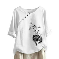 Lovskoo плътно памучно бельо върхове за жени флорален принт Разхлабена блуза с късо ръкав кръг за шия риза бяло