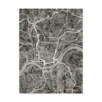 Търговска марка изобразително изкуство 'Синсинати Охайо карта на града черно' платно изкуство от Майкъл Томпсет