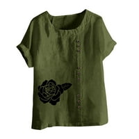 Lovskoo памучно бельо върхове за жени лятна крива дамски дрехи късо ръкав солиден отпечатан хлабав кръгла тениска тениска небрежна блуза маслинено зелено